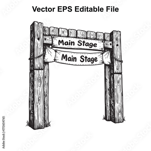 Vector art of rustic wooden archway with main stage banners