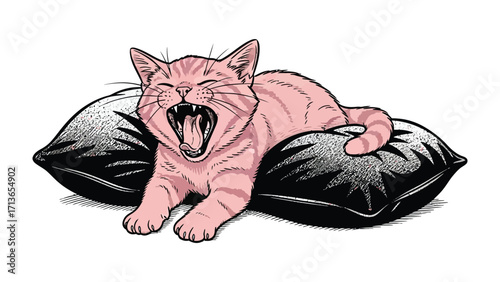 Restful Cat on a Pillow: A contented feline, lounging on a plush pillow, experiences a moment of deep relaxation and sleepiness, perfect for illustrations or prints.