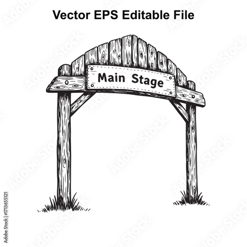 Vector art of rustic wooden archway with main stage sign, handdrawn sketch style