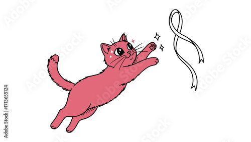 Playful Pink Pet: A charming pink cat leaps towards a floating ribbon in a playful and whimsical illustration, filled with joy and a sense of lightheartedness. 