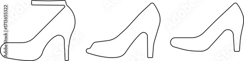 Art & IllustrationLadies shoes icon set.women's shoes footwear and elegant style and design trends.wedge heels sketch icon line art vector illustration..leather shoes heel icon black and white icon se