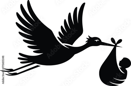 Silhouette of a stork delivering a baby in a bundle with wings spread wide against white