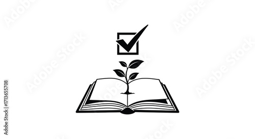 Open book with plant growing from it and a checkmark symbol