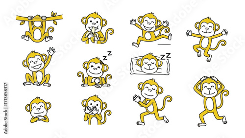 Playful Monkey Collection: A charming collection of animated monkey icons showcases a spectrum of emotions, from playful antics to sleepy slumber, all with a vibrant, expressive aesthetic.