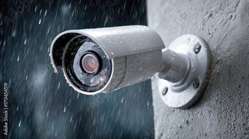 High-Resolution Security Camera Mounted on a Wall with Rain Falling in an Urban Environment
