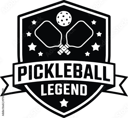 Pickleball legend emblem design with crossed paddles and ball sport graphic