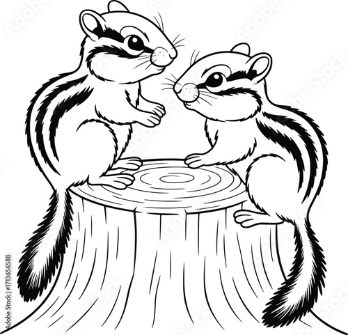 Two cute chipmunks sitting on a tree stump in a whimsical outline drawing