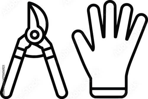 Gardening tools icon set secateurs and protective gloves simple line art symbol