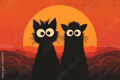 Vector balck Halloween creatures silhouetted against a glowing sunset sky, eerie and bold graphic design, AI-generated