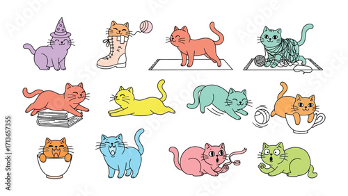 Whimsical Cat Collection: A delightful array of illustrated cartoon cats in a charming display of playfulness, with each cat showcasing a unique pose and personality.