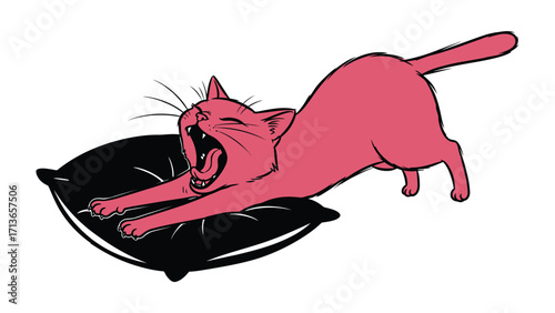 Playful Cat's Morning Stretch: A vibrant illustration of a pink cat luxuriating in a comfortable stretch atop a sleek pillow, ready to pounce and play after a good night's rest.