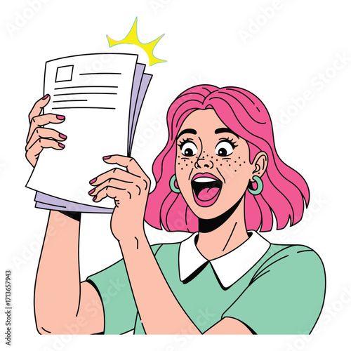 Excited Woman with Pink Hair Holding Papers, Celebrating Success and Good News, Vector Illustration