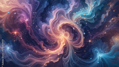 Abstract Cosmic Background with Colorful Swirls and Twinkling Stars in a Nebula Style