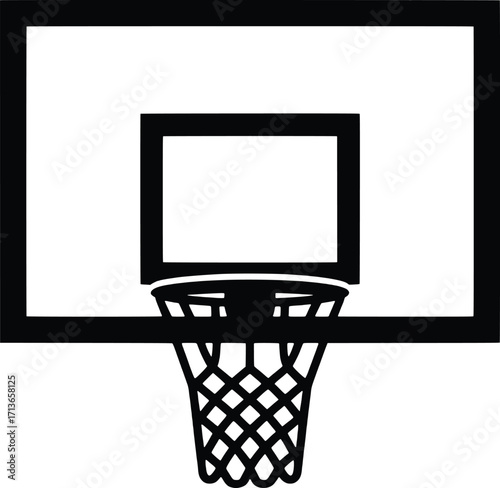 Simple black silhouette of a basketball hoop and backboard on white