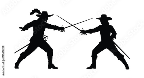Silhouette of two men engaged in a dramatic sword fighting duel