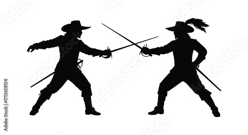 Silhouette of two figures engaged in a dramatic fencing duel