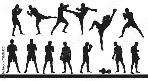 Silhouettes depicting various stages of martial arts and fighting movements