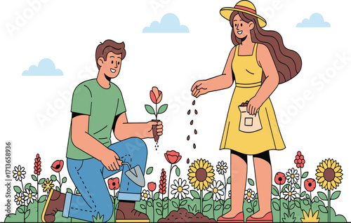Gardening, teamwork, flower bed, spring bloom, outdoor activity, planting, nature care, colorful blossoms, environment, lifestyle, hobby, roses, sunflowers, daisies, soil, trowel, seeds, nurturing, 