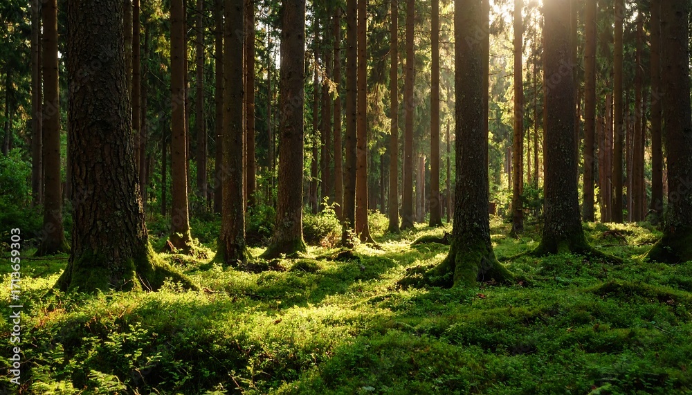 Fototapeta premium Sunlight filtering through a dense forest (3)