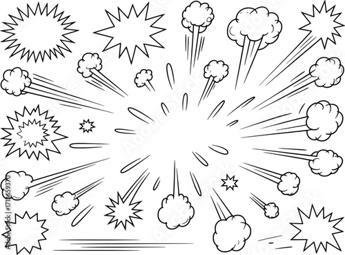 Comic book style explosions speech bubbles and action lines set for dynamic design elements