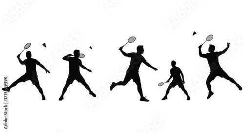 Dynamic silhouettes of badminton players in various stages of a rally