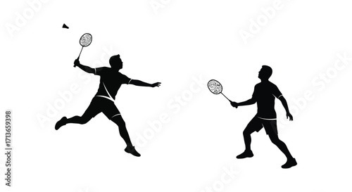 Silhouettes of two badminton players in mid game action against white background