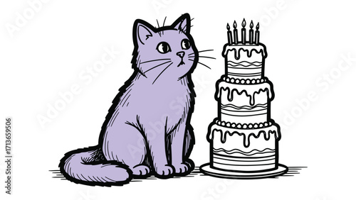 Cat's Birthday Surprise: A curious cat gazes in wonder at a towering birthday cake adorned with lit candles, a heartwarming scene of feline celebration.