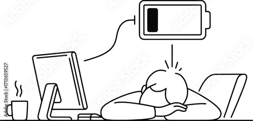 Exhausted person sleeping at desk with computer and low battery indicator