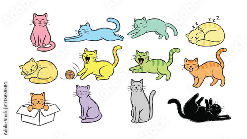 Playful feline friends: A whimsical collection of colorful cat illustrations, each with a unique personality and pose, invites smiles and spreads a cheerful ambiance. 