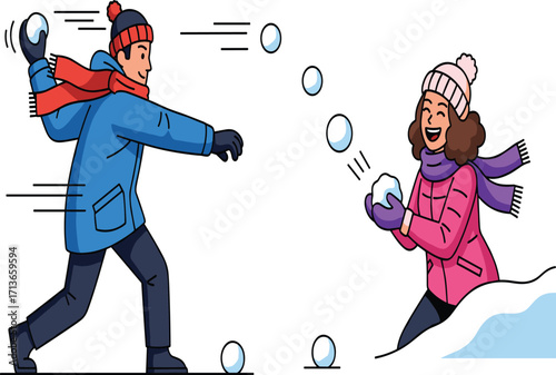 Winter snowball fight, playful kids, snowy landscape, outdoor fun, seasonal activity, cold weather, pink jacket, blue coat, snowbank, joyful moment