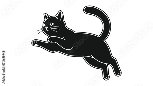 Graceful Black Cat in Action: A captivating illustration showcases a sleek black cat, caught mid-leap against a clean background, its lithe body radiating energy and elegance.