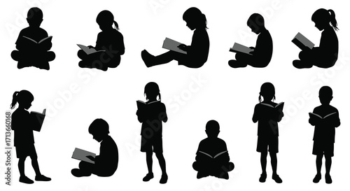 Silhouettes of children reading books in various seated positions