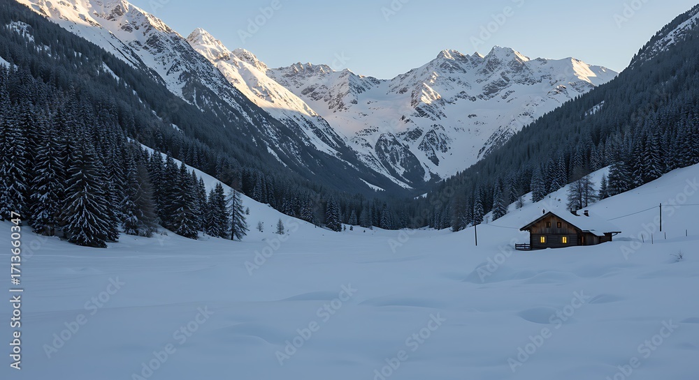 Naklejka premium Cozy wooden cabin nestled in a snow-covered alpine valley with majestic mountains
