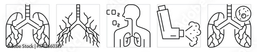 Pulmonology icons set. Lung and it's health related symbols. Vector editable stroke.