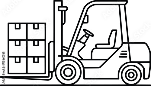 Line art forklift truck lifting stack of boxes for warehouse logistics and delivery