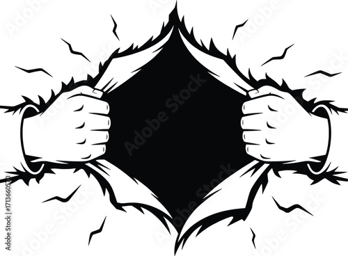 Superhero ripping open shirt revealing blackness inside dramatic comic style