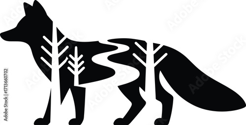 Stylized black fox silhouette with natural forest scene filling its body