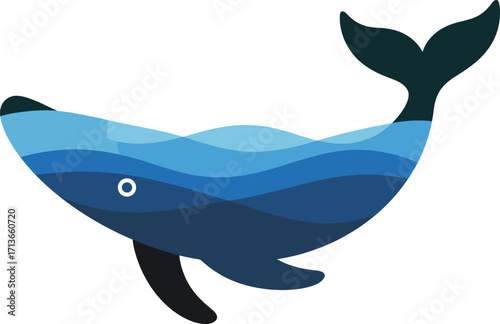 Majestic blue whale silhouette filled with ocean waves and sea life scene