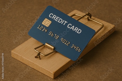 A credit card caught in a mousetrap, symbolizing the dangers of debt, overspending, and financial traps in modern banking.