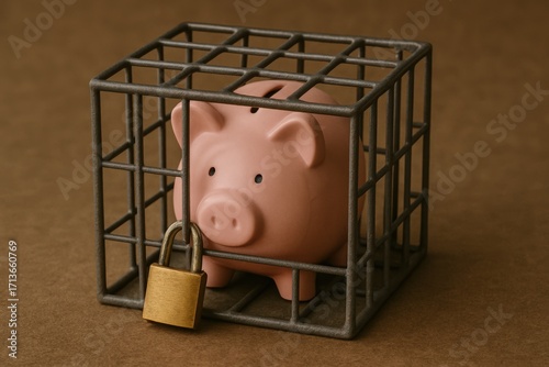 A pink piggy bank trapped inside a metal cage with a padlock, representing limited access to savings or financial lockdown.