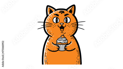 Whiskered Delight: An animated illustration portrays a cheerfully depicted orange cat, its expressive eyes locked onto a creamy cupcake, its playful demeanor inviting warmth and smiles. 