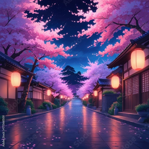 Chinese housing complex at night with pink leaf cherry trees
