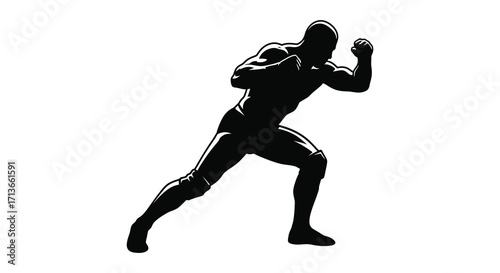 Dynamic silhouette of a muscular athlete in a boxing fighting stance