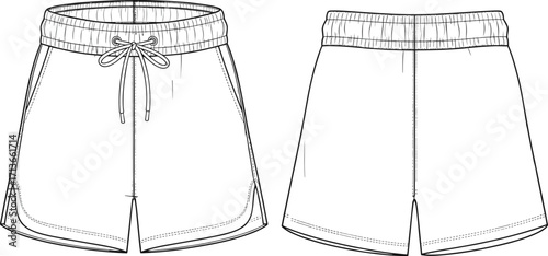 Cad drawing flat vector illustration of men's athletic shorts with drawstring waistband, curved hem, front and back technical view