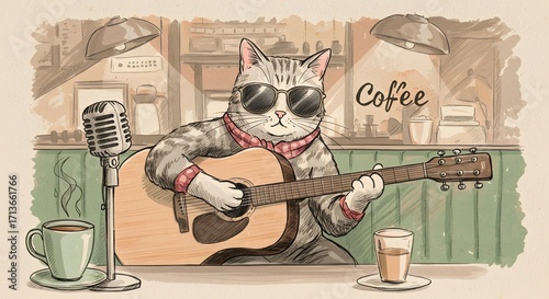 Cute Cat Playing Acoustic Guitar in Cozy Coffee Shop Scene with Sunglasses