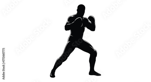 Silhouette of a muscular boxer in a fighting stance ready to strike
