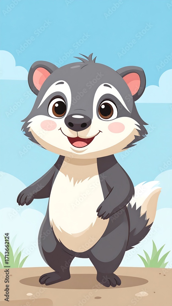 Fototapeta premium Cute cartoon badger in a landscape