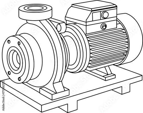 Detailed technical drawing of an electric centrifugal water pump on a base