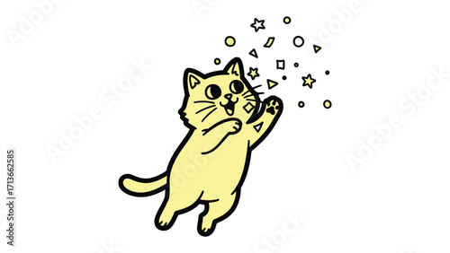 Delightful Cat with sparkling shapes: A joyful cat reaches toward a constellation of stars and geometric shapes, its expression one of pure glee, inviting you into a realm of magic and happiness.