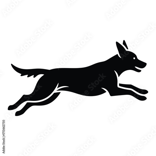 Silhouette of a dynamic dog running with full body in motion canine silhouette art
